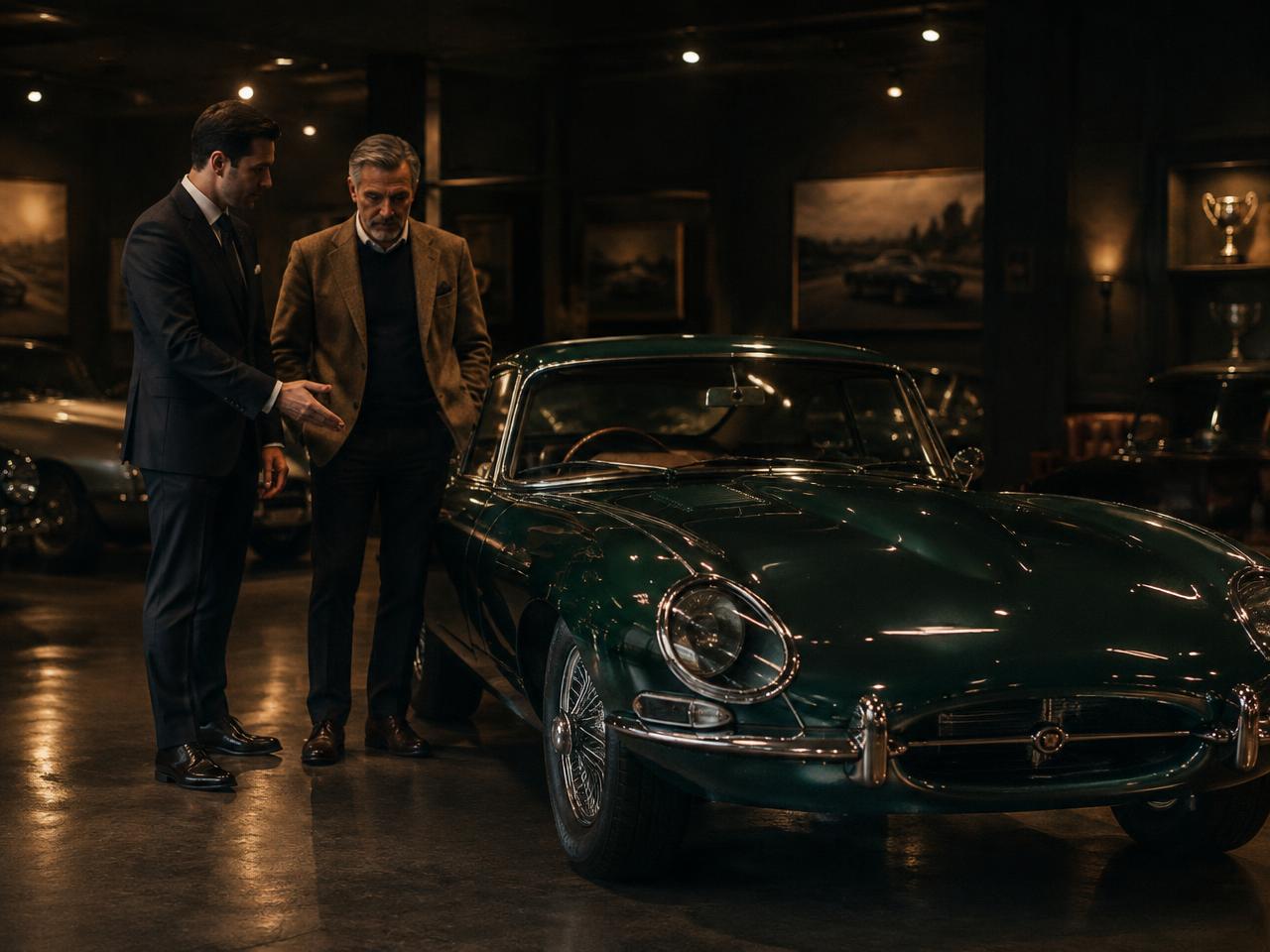 Marque Heritage concierge advising a collector beside a classic Jaguar E-Type in the showroom