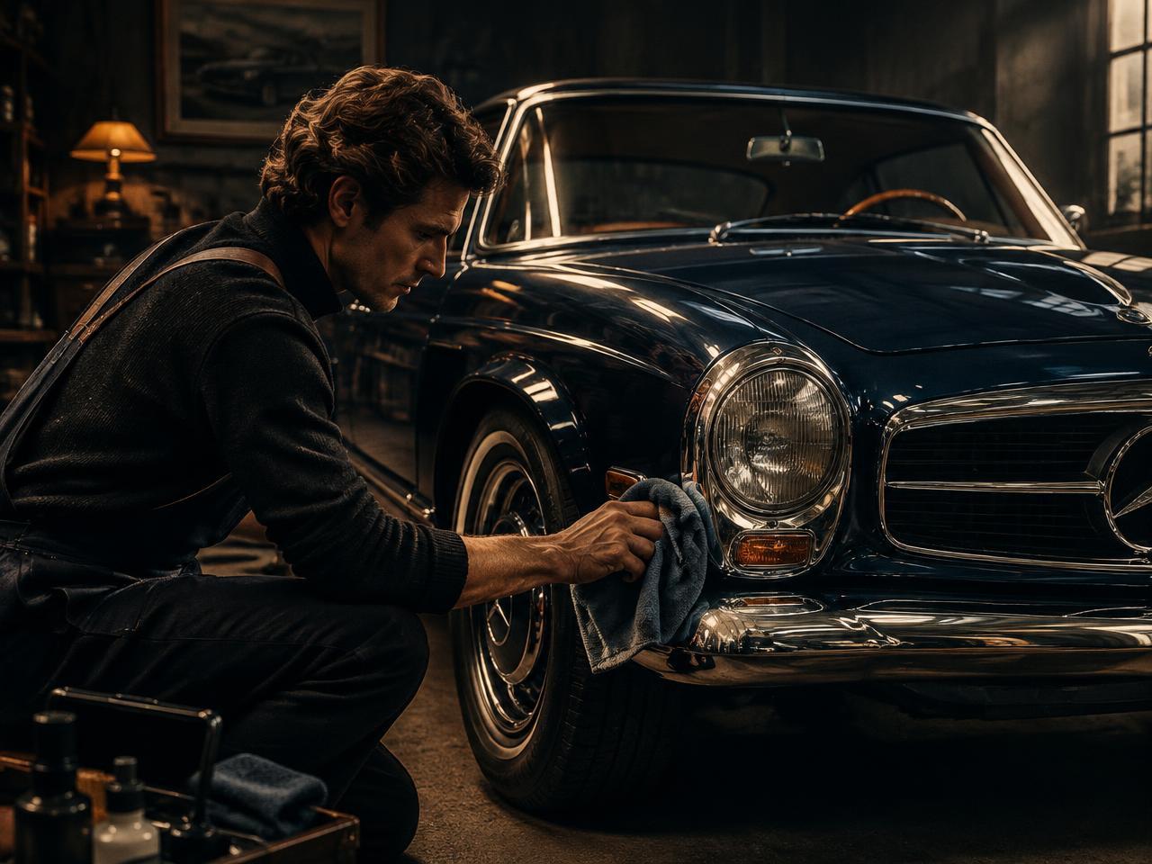 Marque Heritage detailer hand-polishing a classic Mercedes in the atelier