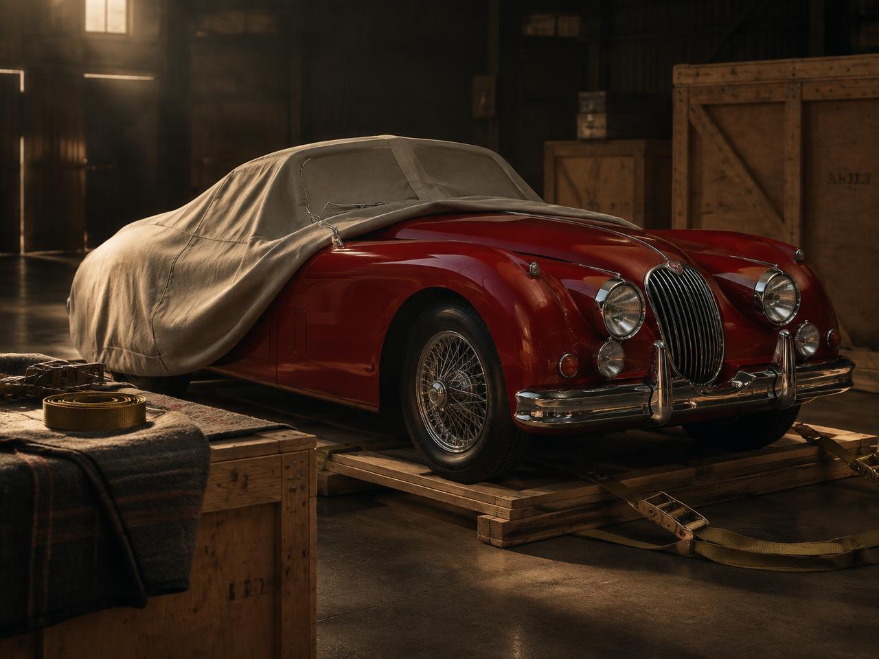Classic Jaguar prepared under a tailored cover for export from Marque Heritage in Germany