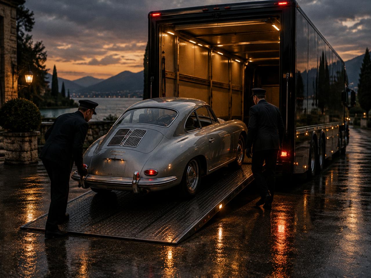 Marque Heritage enclosed transport loading a classic car at dusk