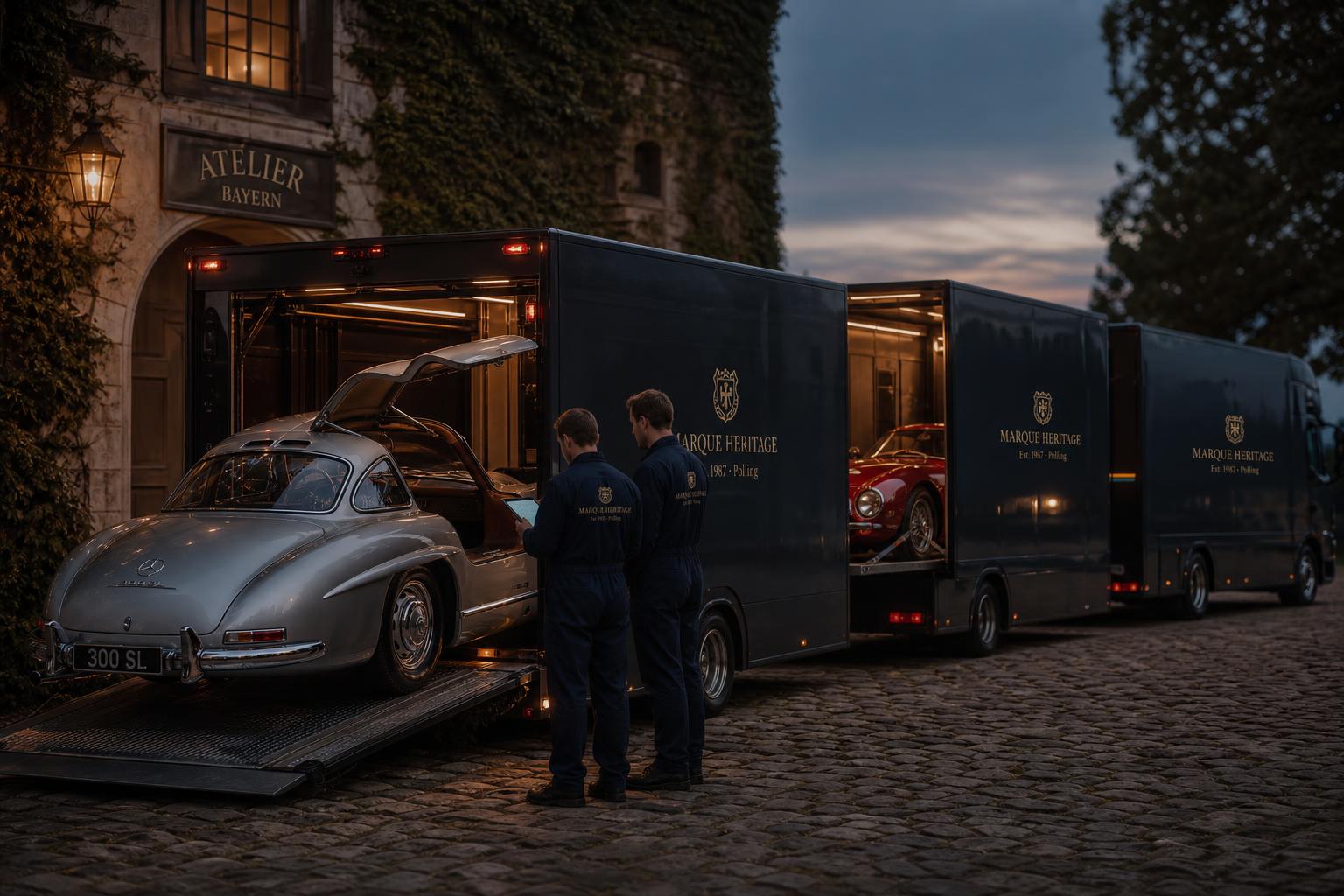Unmarked enclosed transporter loading a classic Mercedes-Benz at dusk