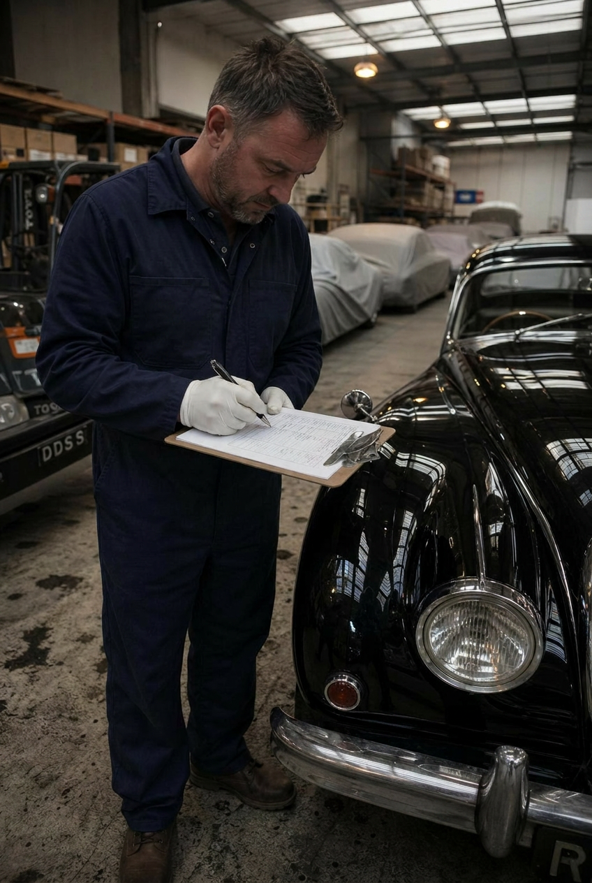 Logistics technician documenting a classic car with a tablet before loading